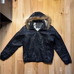 Desert Well Black Leather Jacket with Fur Hood